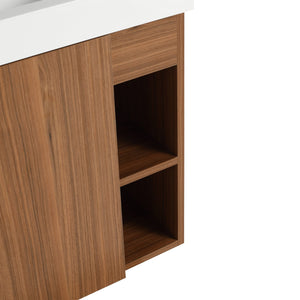 English Elm 20'' Floating Wall-Mounted Vanity with Resin Sink, Soft-Close Door & Open Shelves for Compact Baths Walnut W999P143199