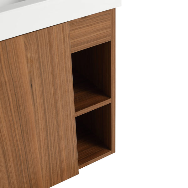 English Elm 20'' Floating Wall-Mounted Vanity with Resin Sink, Soft-Close Door & Open Shelves for Compact Baths Walnut W999P143199