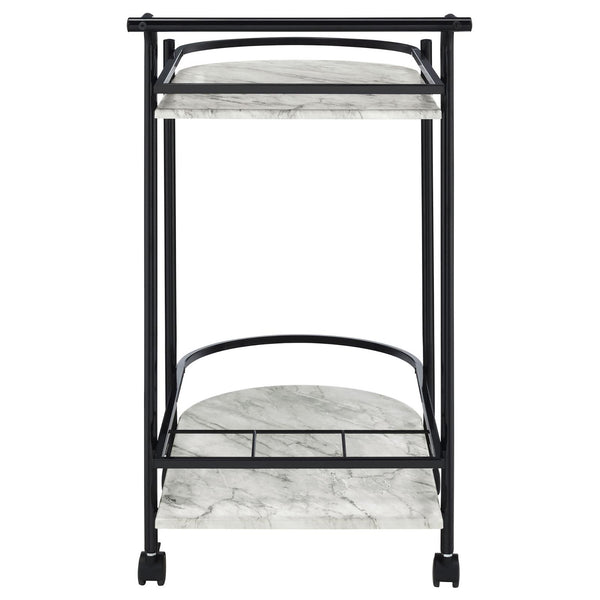 English Elm Black Faux White Marble Serving Cart with 2-Tier Shelves, 3-Bottle Wine Rack & Locking Casters — Sleek Entertaining Station (32" H) B062P145636
