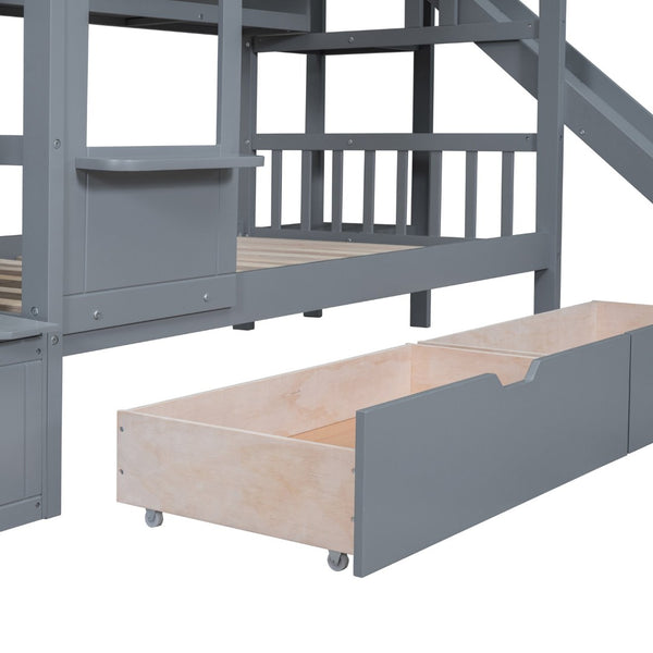 English Elm Twin-over-twin Castle Bunk Bed with Slide Storage Drawers and Shelves for Kids Gray LT000559AAE-1