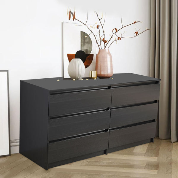 English Elm 6 Drawer Double Dresser with Mirror, Waterproof Scratch & Stain Resistant Finish for Stylish Storage Black W2282S00002