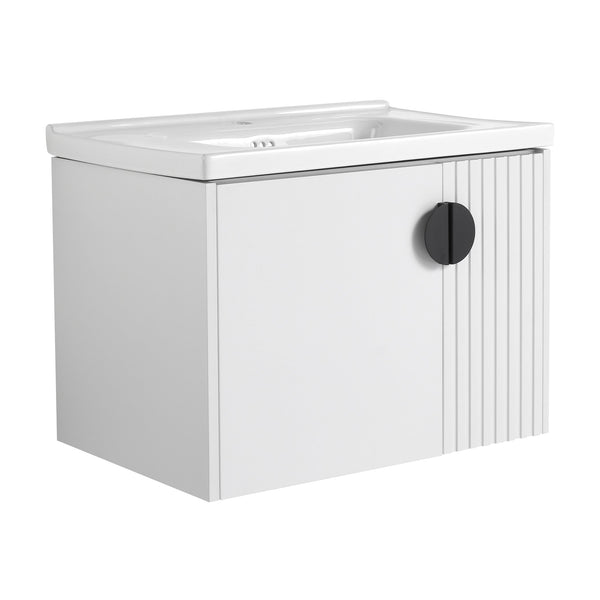 English Elm 28 Inch Wall-Mounted Bathroom Vanity with Ceramic Sink, Wave Dual Doors, Soft-Close Hinges, Durable Finish White W999P146019