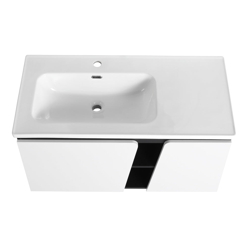 English Elm 40'' 40" Floating Wall-Mounted Bathroom Vanity with Ceramic Sink, Soft-Close Doors, Plywood Reinforced Durability PMID W999S00131