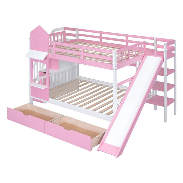English Elm Full-over-full Castle Bunk Bed with Slide Drawers Shelves Pinewood Kids Frame LT000558AAH-3