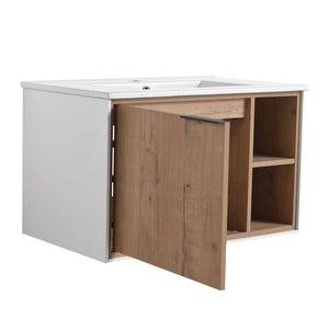 English Elm 30'' Floating Wall-Mounted Vanity with Ceramic Sink, Soft-Close Door, Open Shelves, Durable Plywood Finish W999S00123