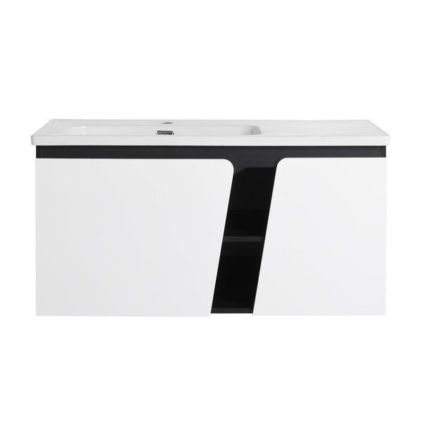 English Elm 40'' 40" Floating Wall-Mounted Bathroom Vanity with Ceramic Sink, Soft-Close Doors, Plywood Reinforced Durability PMID W999S00131