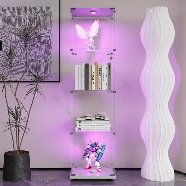 English Elm LED Glass Display Cabinet 64.7" Tall with 4 Tempered Glass Shelves, Dustproof Curio Bookcase for Home White W1806P197870