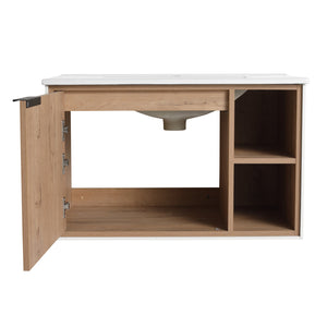 English Elm 30'' Floating Wall-Mounted Vanity with Ceramic Sink, Soft-Close Door, Open Shelves, Durable Plywood Finish W999S00123
