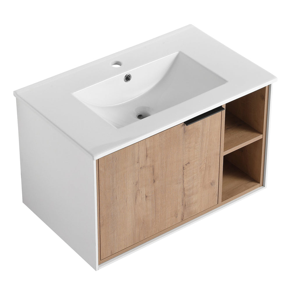 English Elm 30'' Floating Wall-Mounted Vanity with Ceramic Sink, Soft-Close Door, Open Shelves, Durable Plywood Finish W999S00123