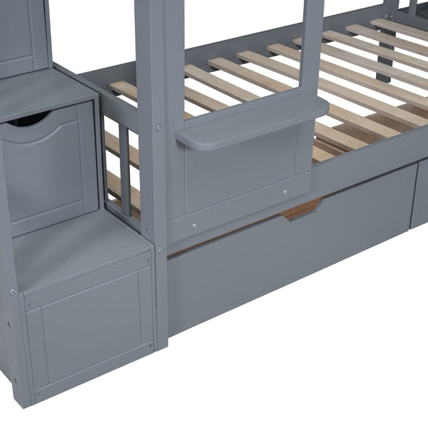 English Elm Twin-over-twin Castle Bunk Bed with Slide Storage Drawers and Shelves for Kids Gray LT000559AAE-3
