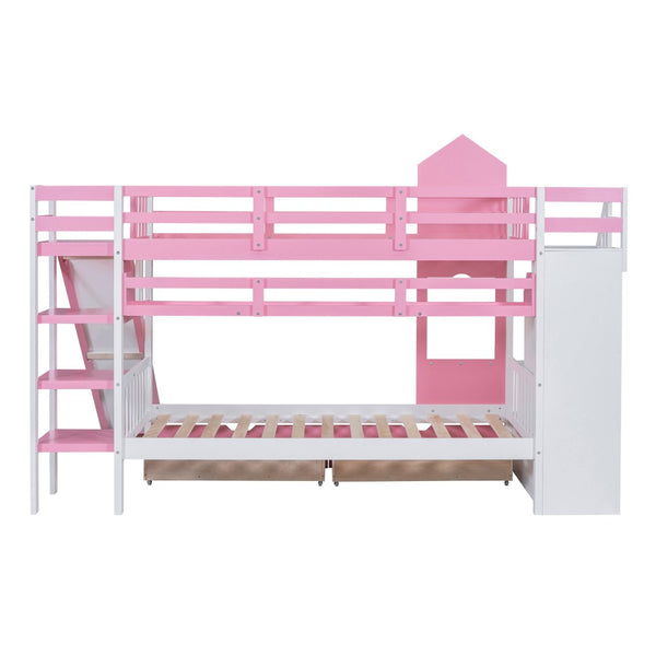 English Elm Twin-over-twin Castle Bunk Bed with Slide Storage Drawers and Shelves for Kids Pink LT000559AAH-3
