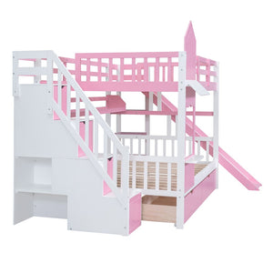English Elm Full-over-full Castle Bunk Bed with Slide Drawers Shelves Pinewood Kids Frame LT000558AAH-3