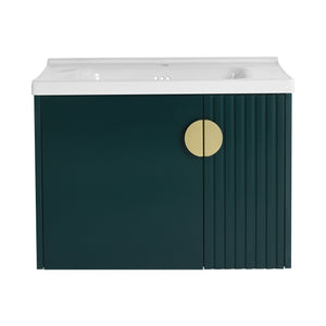 English Elm 28 Inch Wall-Mounted Bathroom Vanity with Ceramic Sink, Wave Dual Doors, Soft-Close Hinges, Durable Finish Green W999P146023