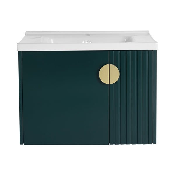 English Elm 28 Inch Wall-Mounted Bathroom Vanity with Ceramic Sink, Wave Dual Doors, Soft-Close Hinges, Durable Finish Green W999P146023