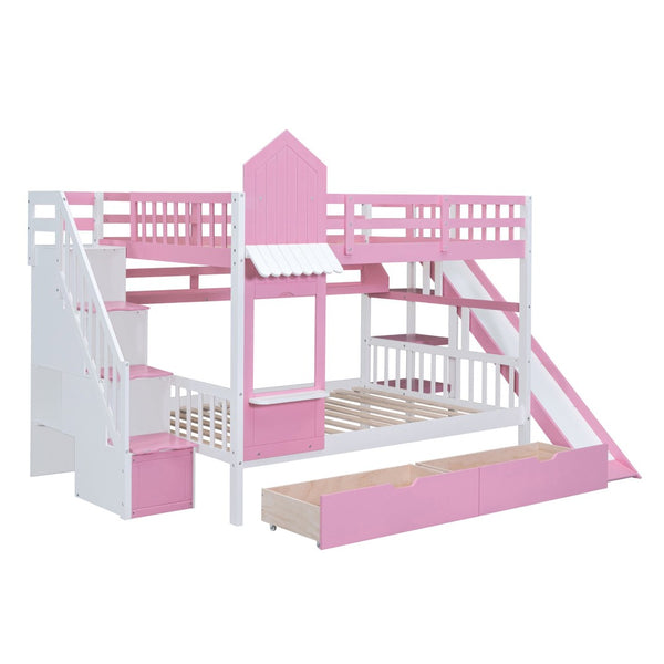 English Elm Full-over-full Castle Bunk Bed with Slide Drawers Shelves Pinewood Kids Frame LT000558AAH-3
