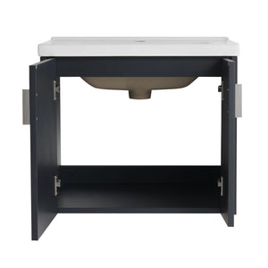 English Elm 24 Inch Wall-Mounted Vanity with Ceramic Sink, Wave Door Accent, Soft-Close Hinges, Eco Plywood Durable Finish Black W999P146017
