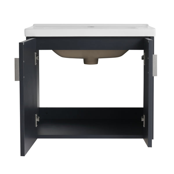 English Elm 24 Inch Wall-Mounted Vanity with Ceramic Sink, Wave Door Accent, Soft-Close Hinges, Eco Plywood Durable Finish Black W999P146017