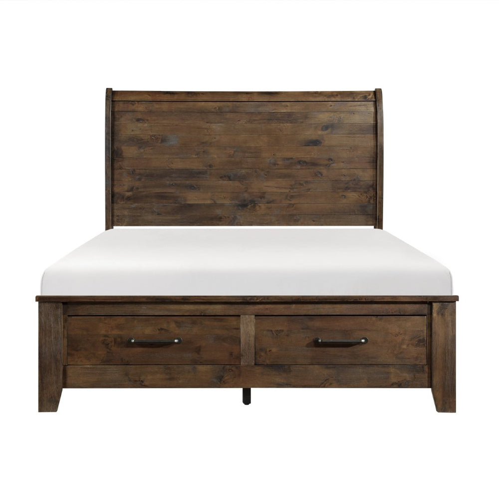 English Elm Burnished Solid Rubberwood Queen Platform Bed with Footboard Storage Drawers B011S00651