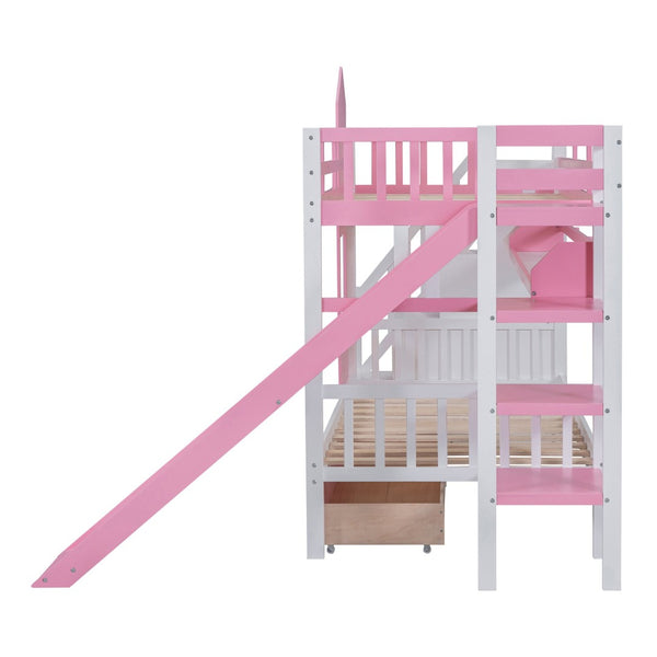 English Elm Twin-over-twin Castle Bunk Bed with Slide Storage Drawers and Shelves for Kids Pink LT000559AAH-3