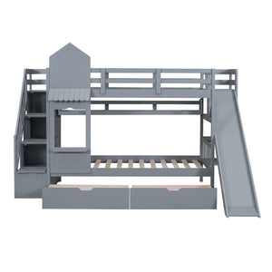 English Elm Twin-over-twin Castle Bunk Bed with Slide Storage Drawers and Shelves for Kids Gray LT000559AAE-3