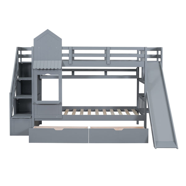 English Elm Twin-over-twin Castle Bunk Bed with Slide Storage Drawers and Shelves for Kids Gray LT000559AAE-3