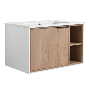 English Elm 30'' 30" Floating Wall-Mounted Vanity Cabinet with Soft-Close Door, Plywood Trim, Open Shelves, Metal Handle W999P145695