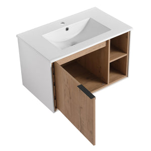 English Elm 30'' Floating Wall-Mounted Vanity with Ceramic Sink, Soft-Close Door, Open Shelves, Durable Plywood Finish W999S00123