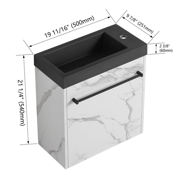 English Elm 20'' Floating Wall-Mounted Vanity with Resin Sink, Soft-Close Door & Open Shelves for Compact Baths White+Black W999P143207