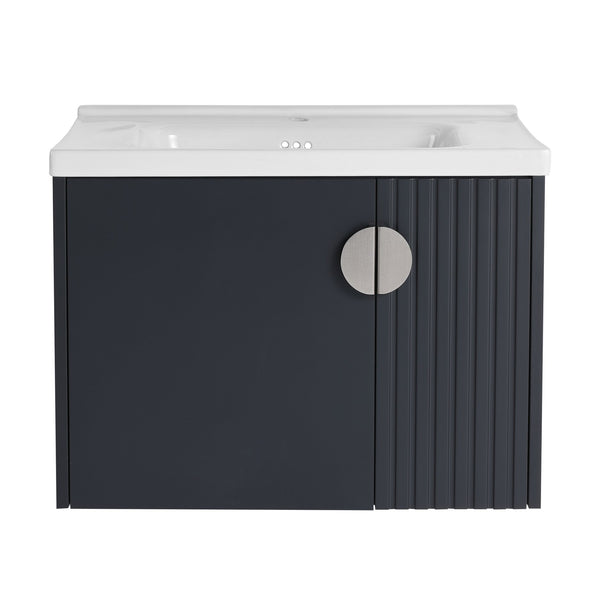 English Elm 28 Inch Wall-Mounted Bathroom Vanity with Ceramic Sink, Wave Dual Doors, Soft-Close Hinges, Durable Finish Black W999P146021