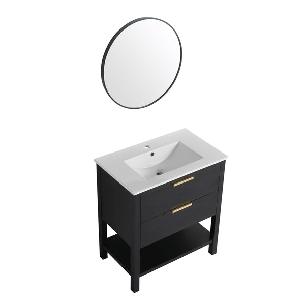 English Elm 30 30 Inch Bathroom Vanity Plywood with 2 Soft-Close Drawers, Freestanding Wood Feet, Water-Resistant Melamine W999140825