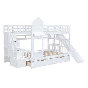 English Elm Full-over-full Castle Bunk Bed with Slide Drawers Shelves Pinewood Kids Frame LT000558AAK-2