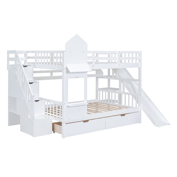 English Elm Full-over-full Castle Bunk Bed with Slide Drawers Shelves Pinewood Kids Frame LT000558AAK-2