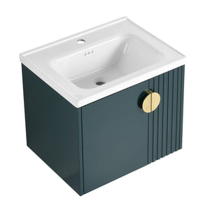 English Elm 24 Inch Wall-Mounted Vanity with Ceramic Sink, Wave Door Accent, Soft-Close Hinges, Eco Plywood Durable Finish Green W999P146018