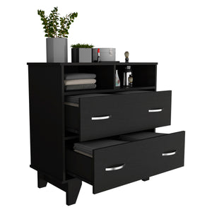 English Elm Double Drawer Dresser Arabi Black – Sturdy Particle Board, Spacious Shelves & Deep Drawers for Durable Bedroom Storage and Style B092S00007