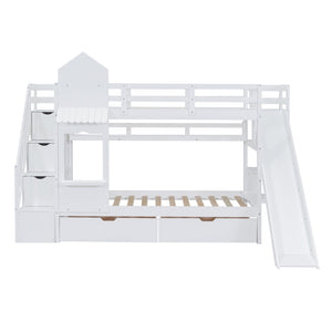 English Elm Twin-over-twin Castle Bunk Bed with Slide Storage Drawers and Shelves for Kids White LT000559AAK-1