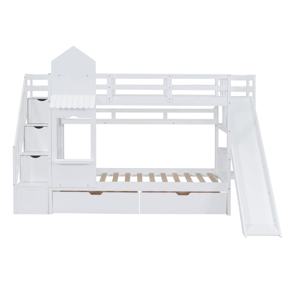 English Elm Twin-over-twin Castle Bunk Bed with Slide Storage Drawers and Shelves for Kids White LT000559AAK-2