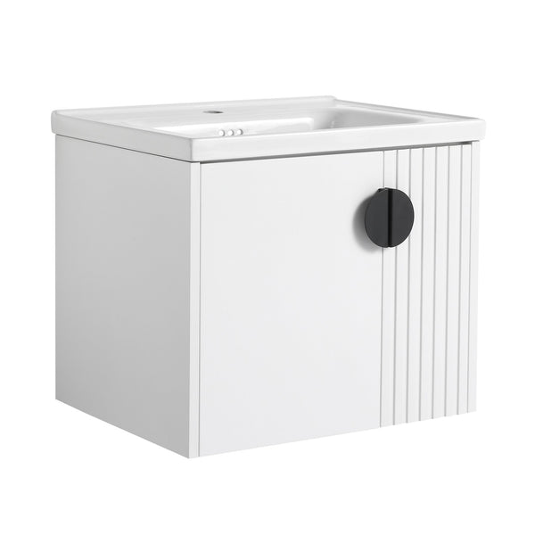 English Elm 24 Inch Wall-Mounted Vanity with Ceramic Sink, Wave Door Accent, Soft-Close Hinges, Eco Plywood Durable Finish White W999P146015