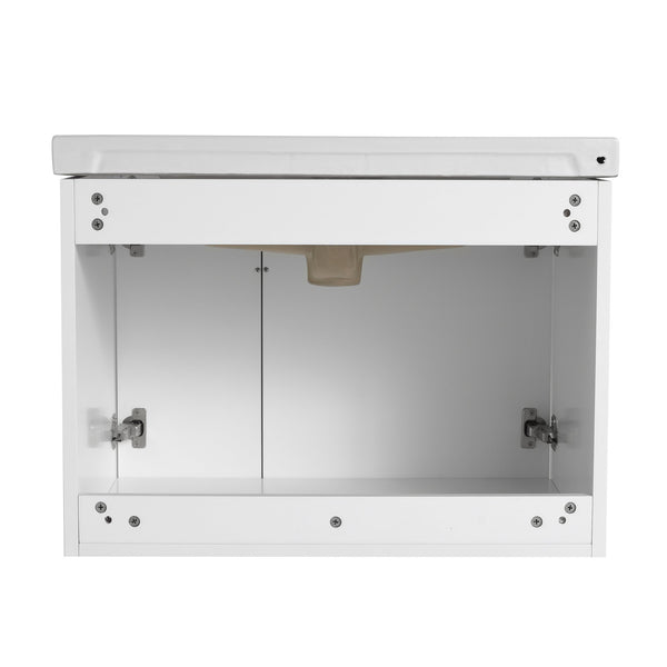 English Elm 28 Inch Wall-Mounted Bathroom Vanity with Ceramic Sink, Wave Dual Doors, Soft-Close Hinges, Durable Finish White W999P146019