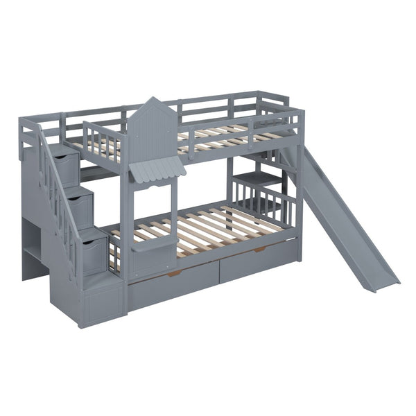 English Elm Twin-over-twin Castle Bunk Bed with Slide Storage Drawers and Shelves for Kids Gray LT000559AAE-3