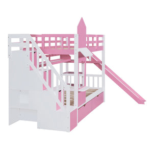 English Elm Twin-over-twin Castle Bunk Bed with Slide Storage Drawers and Shelves for Kids Pink LT000559AAH-3