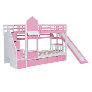 English Elm Twin-over-twin Castle Bunk Bed with Slide Storage Drawers and Shelves for Kids Pink LT000559AAH-3