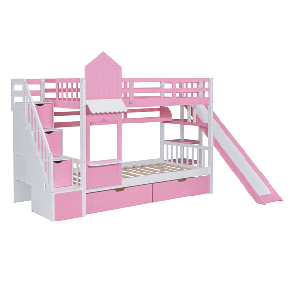 English Elm Twin-over-twin Castle Bunk Bed with Slide Storage Drawers and Shelves for Kids Pink LT000559AAH-3