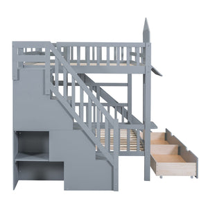 English Elm Full-over-full Castle Bunk Bed with Slide Drawers Shelves Pinewood Kids Frame Gray LT000558AAE-3
