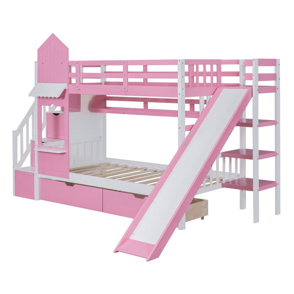 English Elm Twin-over-twin Castle Bunk Bed with Slide Storage Drawers and Shelves for Kids Pink LT000559AAH-3