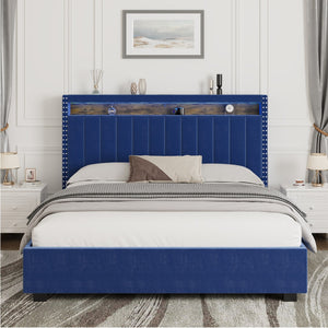 Hearth and Haven Luxury Gas Lift Storage Bed with Rf Led Lights, Storage Headboard , Full Size , Velvet Blue W2239S00005