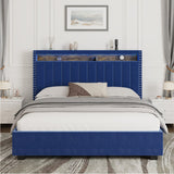 Luxury Gas Lift Storage Bed with Rf Led Lights, Storage Headboard , Full Size , Velvet Blue