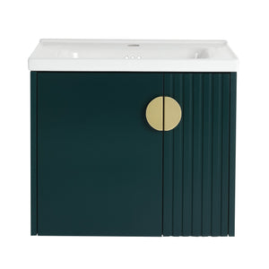 English Elm 24 Inch Wall-Mounted Vanity with Ceramic Sink, Wave Door Accent, Soft-Close Hinges, Eco Plywood Durable Finish Green W999P146018
