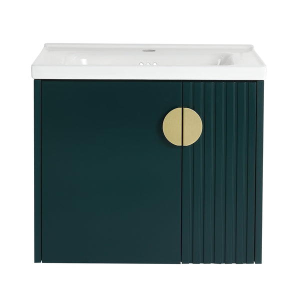 English Elm 24 Inch Wall-Mounted Vanity with Ceramic Sink, Wave Door Accent, Soft-Close Hinges, Eco Plywood Durable Finish Green W999P146018