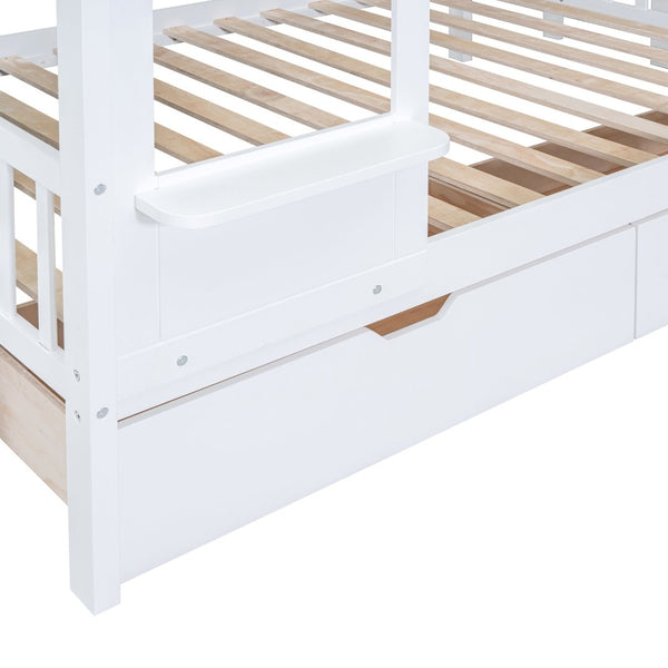 English Elm Full-over-full Castle Bunk Bed with Slide Drawers Shelves Pinewood Kids Frame White LT000558AAK-3