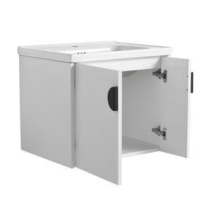 English Elm 24 Inch Wall-Mounted Vanity with Ceramic Sink, Wave Door Accent, Soft-Close Hinges, Eco Plywood Durable Finish White W999P146015